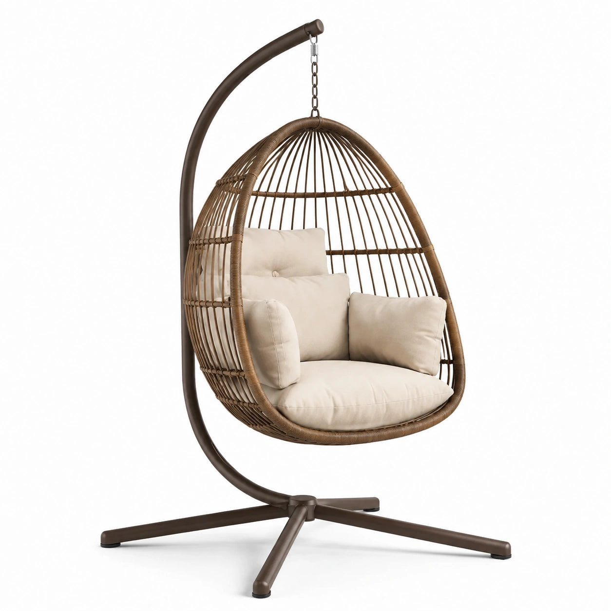 Sillón colgante de ratán con estructura de acero y cojines beige