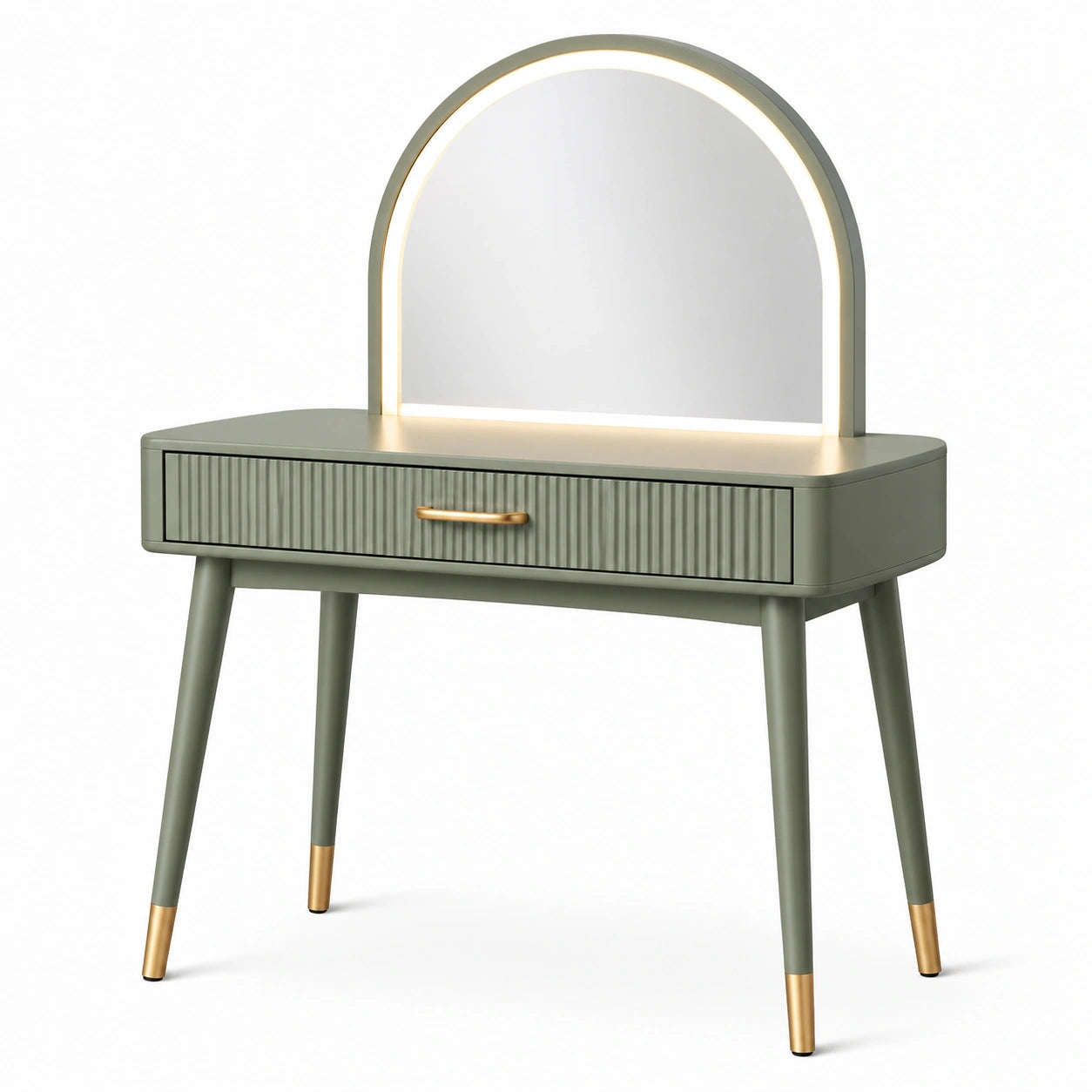 Tocador de MDF y metal con espejo arqueado iluminado 110 cm verde y dorado