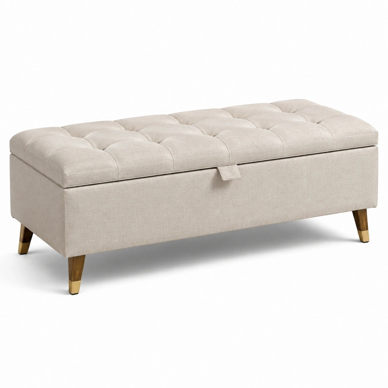 Banco de almacenamiento de lino beige con patas de madera