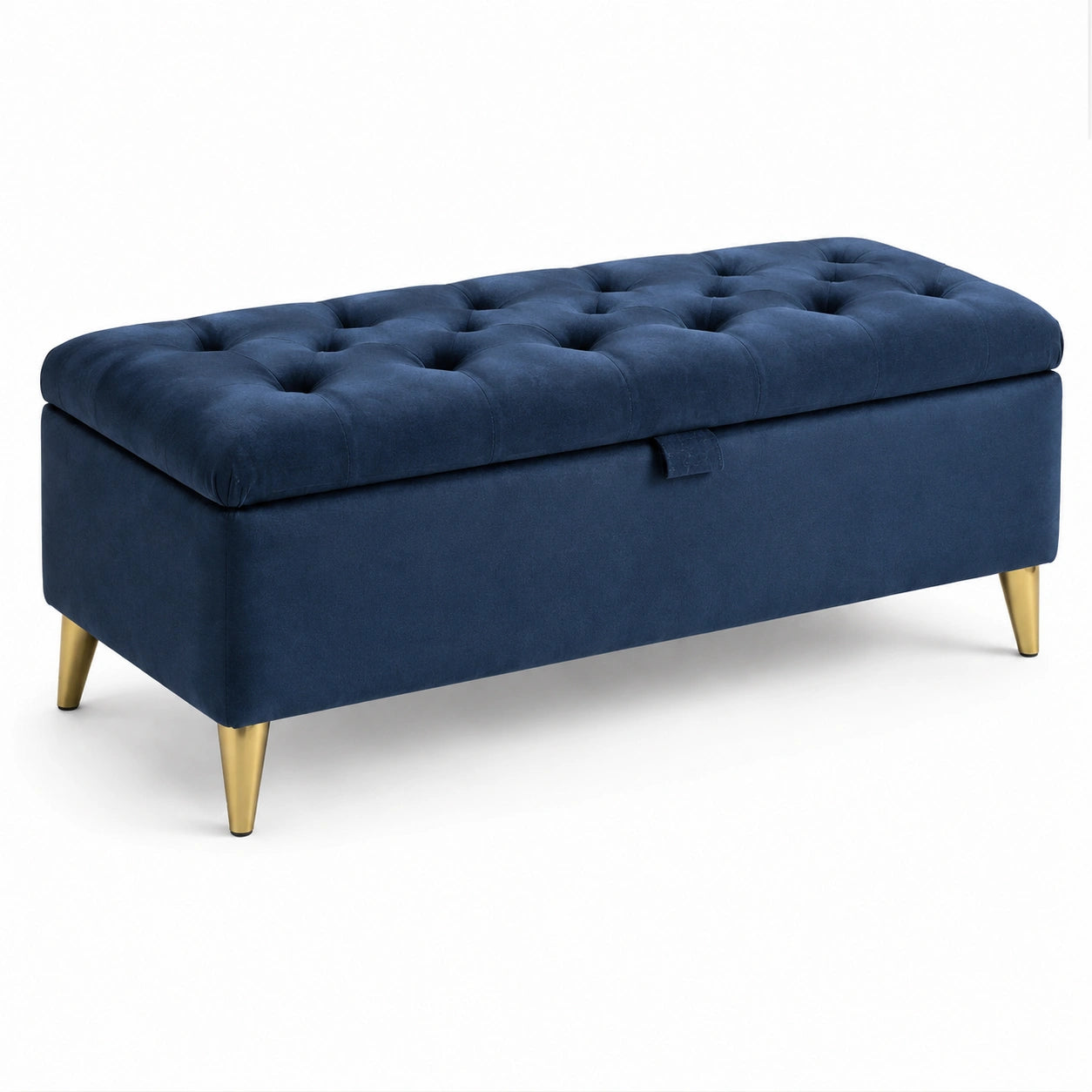 Banco de almacenamiento de terciopelo azul marino con patas doradas 120 cm