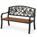 Banco de jardín de metal con respaldo floral y asiento de madera 128 cm