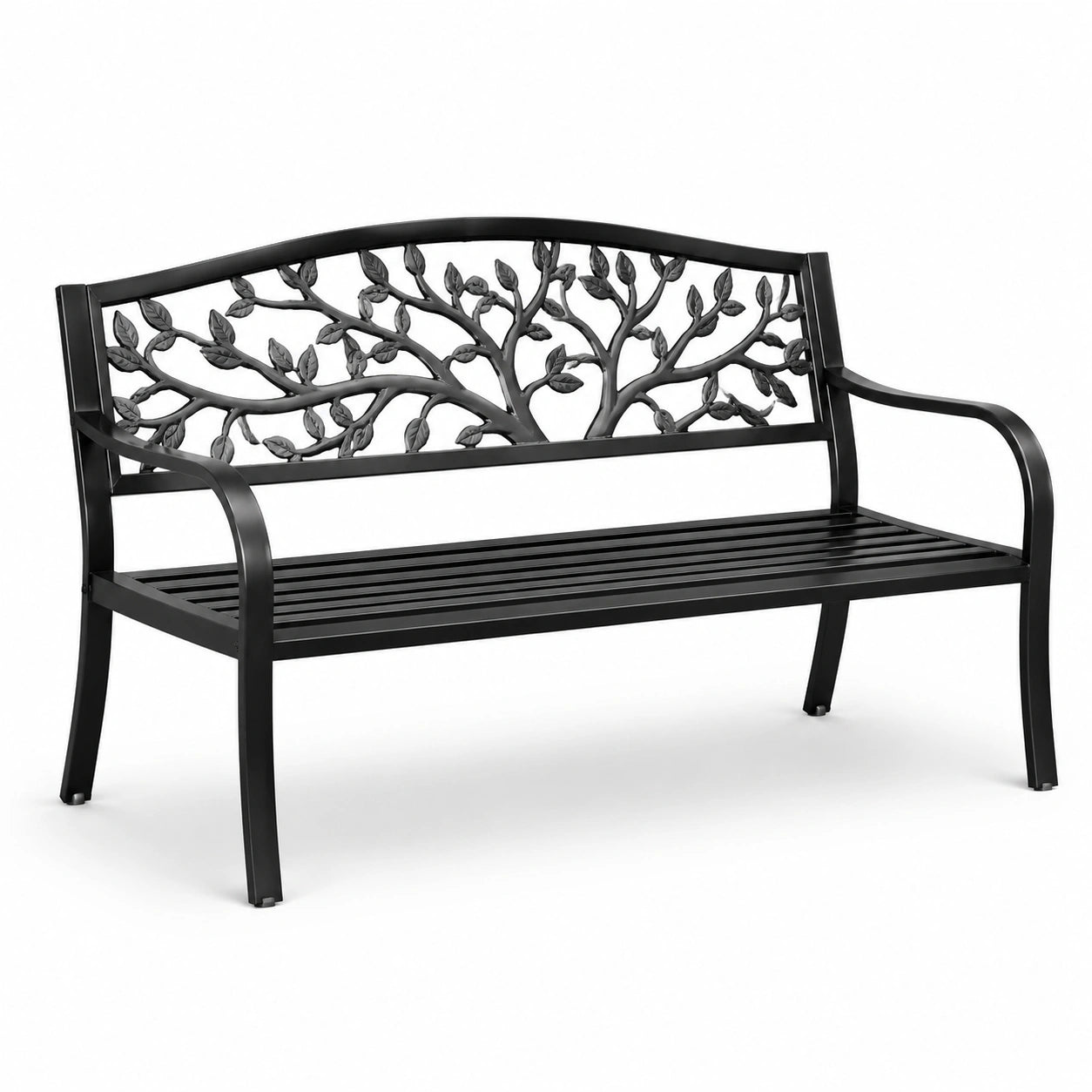 Banco de hierro fundido negro con respaldo decorado