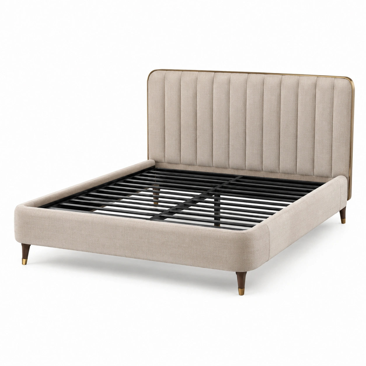 Cama doble de tela beige con cabecera y estructura metálica