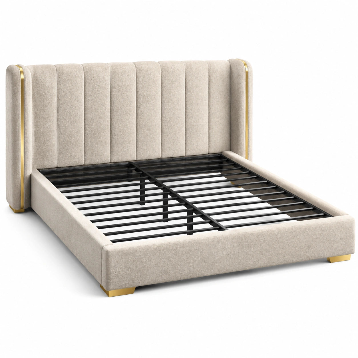 Cama Doble Tapizada Beige con Estructura Metálica 150x200 cm