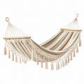 Hamaca de Algodón y Madera a Rayas Beige y Verde con Borlas 200x150 cm