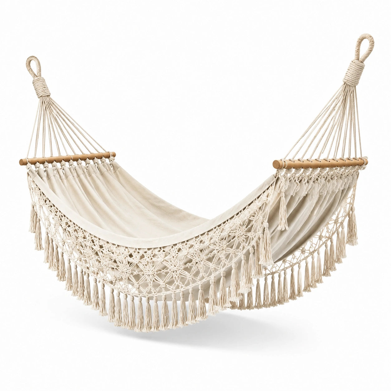 Hamaca de algodón con diseño de macramé crema
