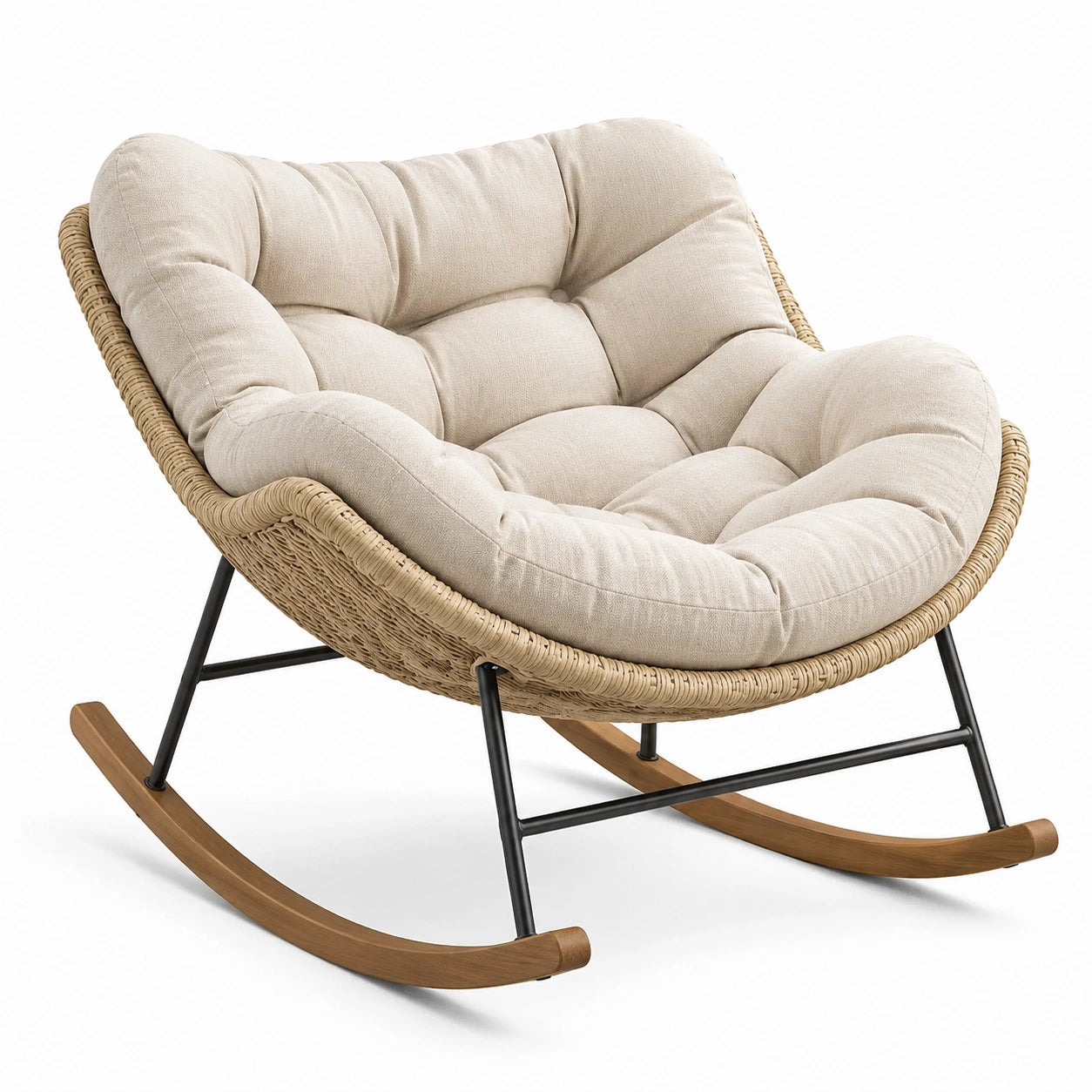 Mecedora de lino beige con estructura de ratán, acero y madera