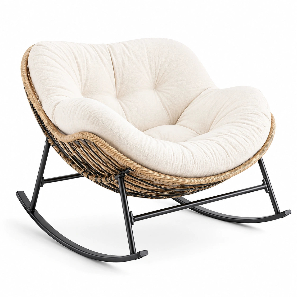 Mecedora de ratán y metal con cojín de algodón beige