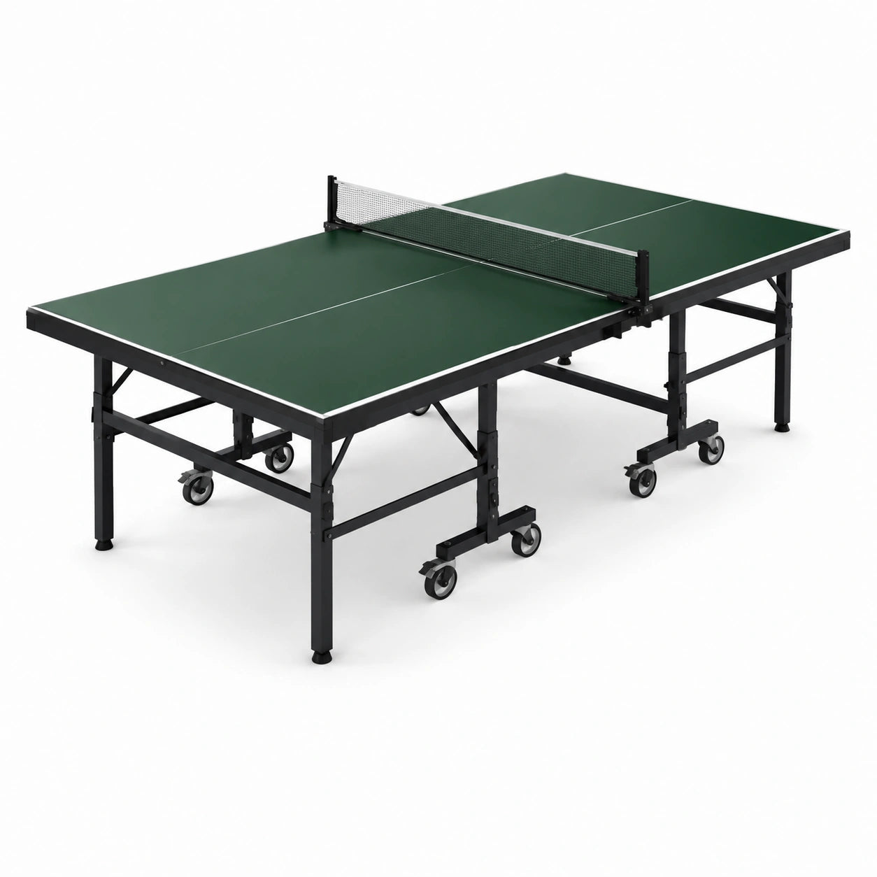 Mesa de ping-pong plegable verde con tablero de fibra y estructura de acero