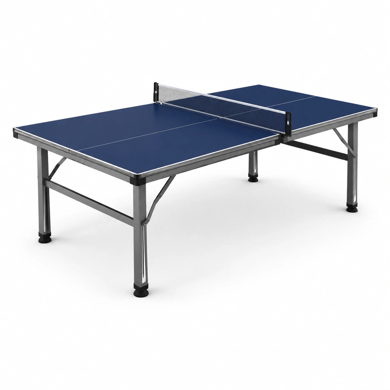 Mesa de ping-pong azul con estructura de metal